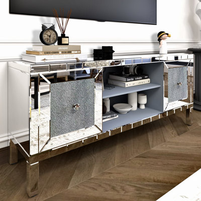 Meuble télé en miroir avec portes en verre concassé - centre de divertissement multimédia moderne pour le salon, console de rangement réglable pour téléviseur de 65 po