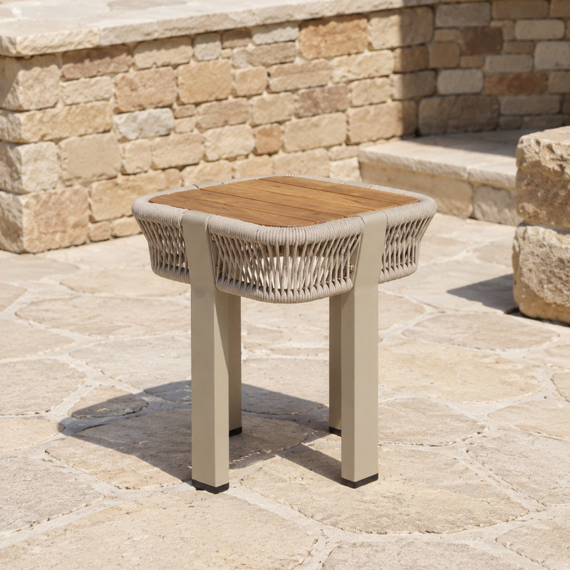 Table d'appoint carrée en bois d'acacia massif avec corde beige et structure en métal