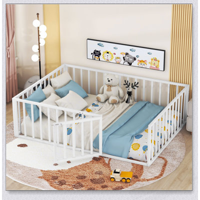 Durable Metal Floor Bed Frame with Safety Fence and Access Doors, Perfect for Children's Rooms and Modern Interiors.