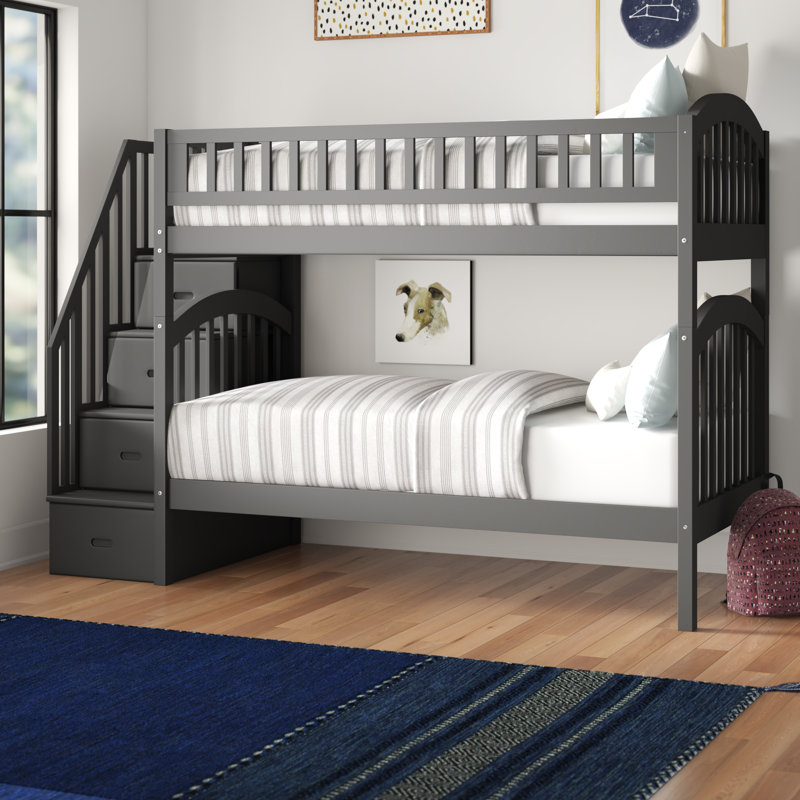 Jaxson Kids Solid Wood Staircase Bunk Bed with Storage, Gray, Twin over Twin