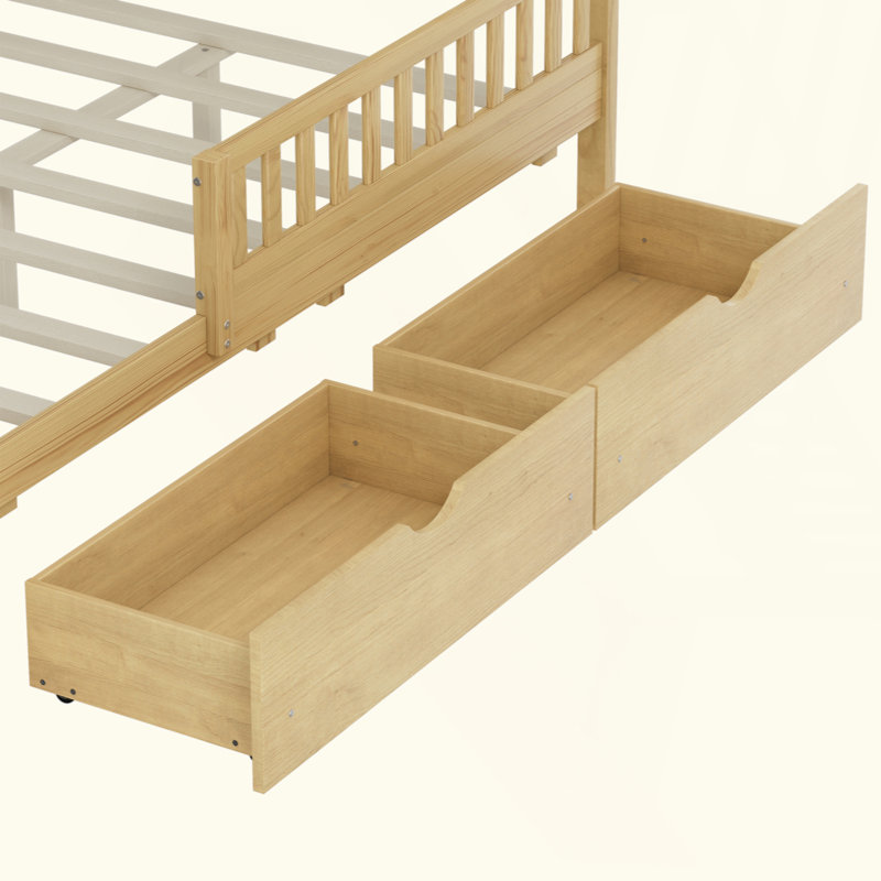 Lit plateforme en bois avec garde-corps des deux côtés et deux tiroirs de rangement, Lit double