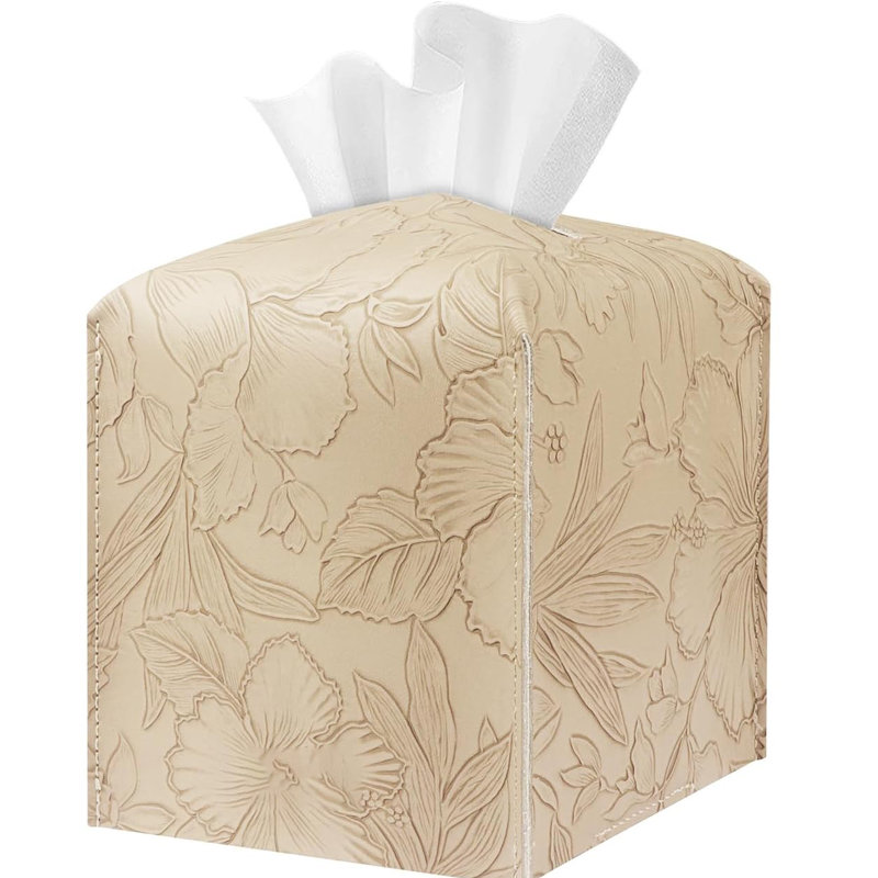 PU Leather Tissue Organizer with Bottom Belt and High Performance Hook and Loop Fastener, Beige