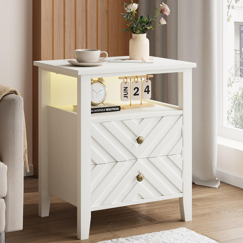  Table à DEL blanche avec 2 tiroirs de rangement - Éclairage RVB - Table de ferme en forme de V - Tablette ouverte et pieds en bois robustes pour la chambre à coucher, le salon et le bureau - Blanc