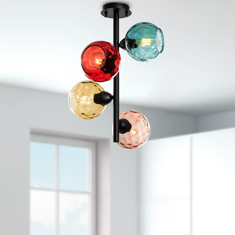 Elegant Metal Chandelier with Glass Cap, 15 x 15 x 21.7 inches | 4 x E27 Socket, Max 40W (Bulb Not Included) | Multicolor & Black, IP20 Rated | Stylish Lighting Fixture for Living Room & Dining Room Decor