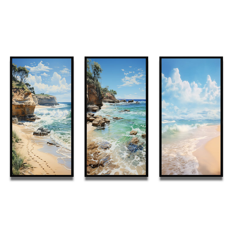 «Beach Photo Ocean Escape», 3 pièces sur toile, Cadre noir, H 20 po x l 36 po