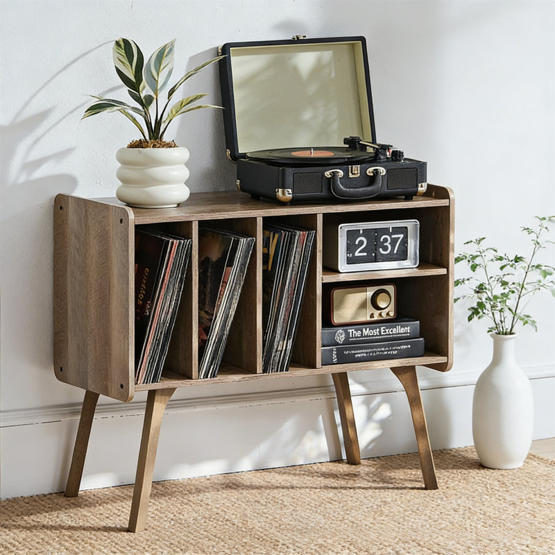 Record Player Stand With 4 Cabinets , Large Mid-Century Turntable Stand With Wood Legs, Vinyl Storage Table For Living Room Bedroom