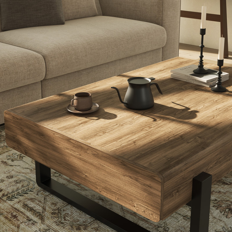 Table basse rectangulaire en chêne rustique l 46 po x P 24 po avec pieds en acier, 2 tiroirs de rangement et finition en bois
