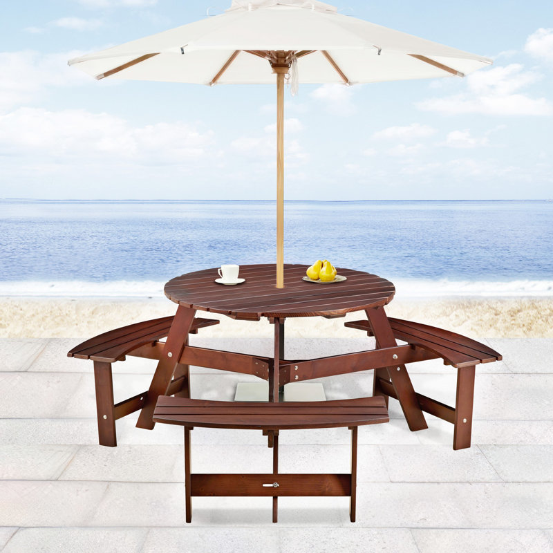 Table de salle à manger en bois rustique en métal, 6 places, table ronde avec trou pour parasol