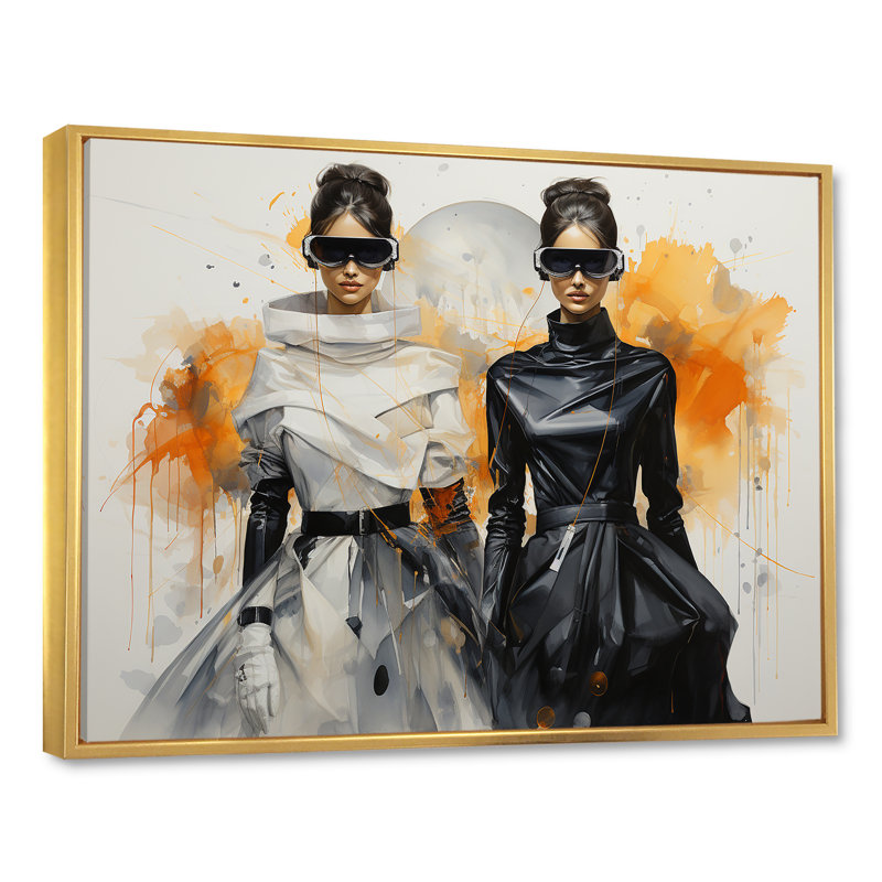 Futuriste mode jaune et noir - art mural Dior, Cadre flottant doré, H 30 po x l 40 po x P 1,5 po