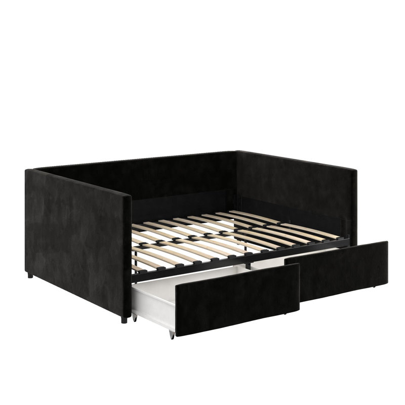 Dmitry Upholstered Daybed with Drawers, Black Velvet, Full