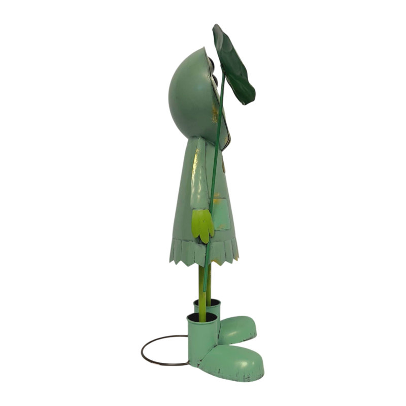 Metal Green Frog Garden Statue Holding Leaf