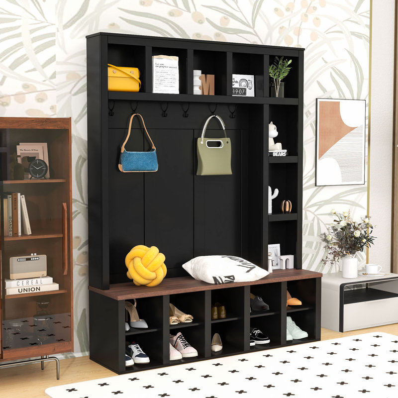 Hall Tree with 6 Hooks and Adjustable Shelves, Black