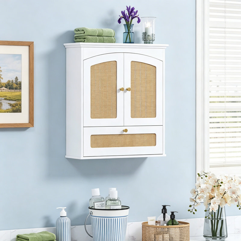 Armoire de salle de bain murale au-dessus de la toilette, armoire à pharmacie en rotin Boho