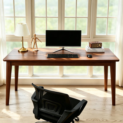 63 Inch Solid Wood Writing Desk, Vintage Compact Computer Desk Vanity Table for Small Home Space , Walnut