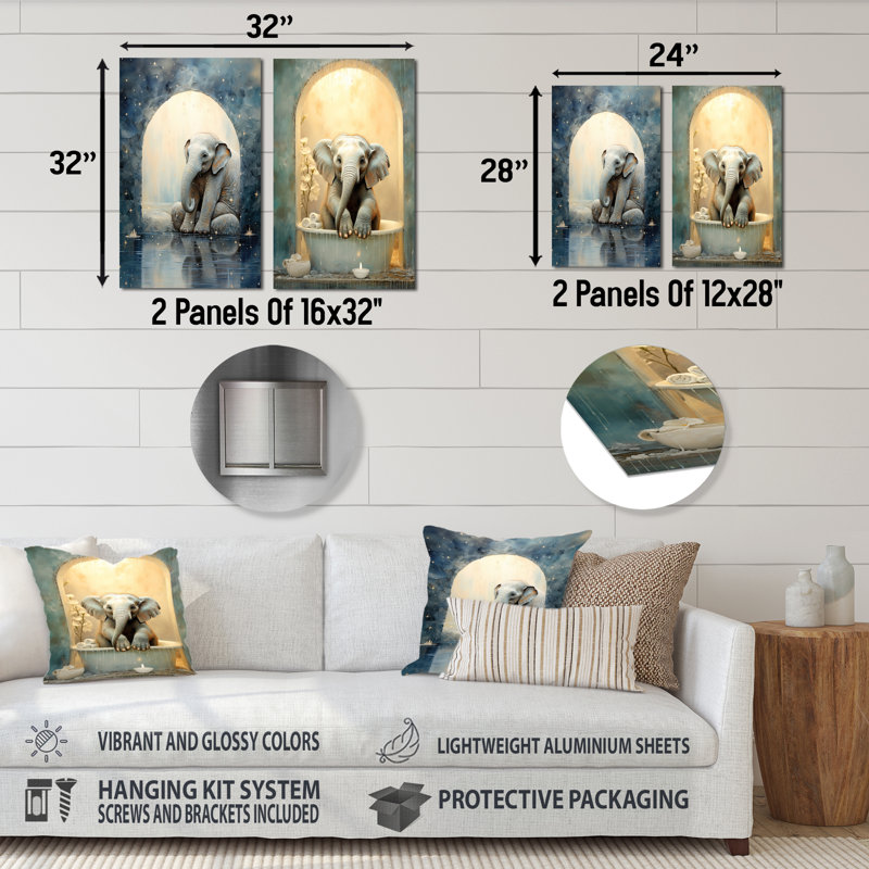 Bathroom Elephant Elegance - Bathroom Metal Wall Decor Set Of 2, 28" H x 24" W