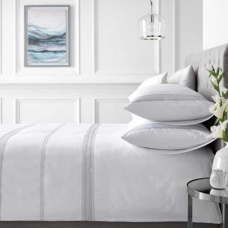 Embroidered Band Cotton No Pattern Duvet Cover Set with Pillowcases, Double - 2 Standard Pillowcases