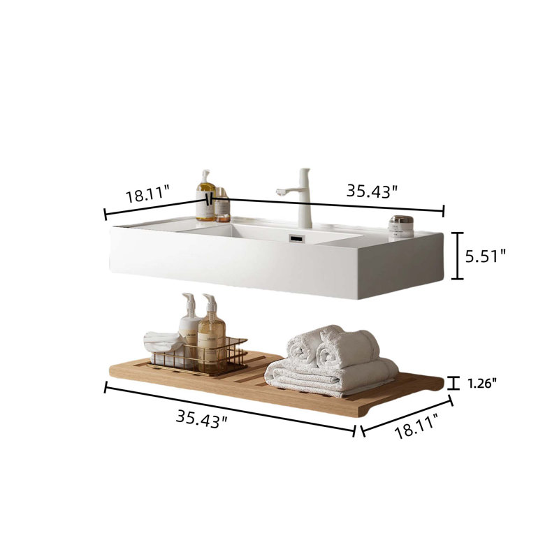 Bathroom Vanity With Vessel Sink, Wall-Mounted Floating White Rectangular Acrylic Integrated Basin Without Faucet, Striped Shelves Layer