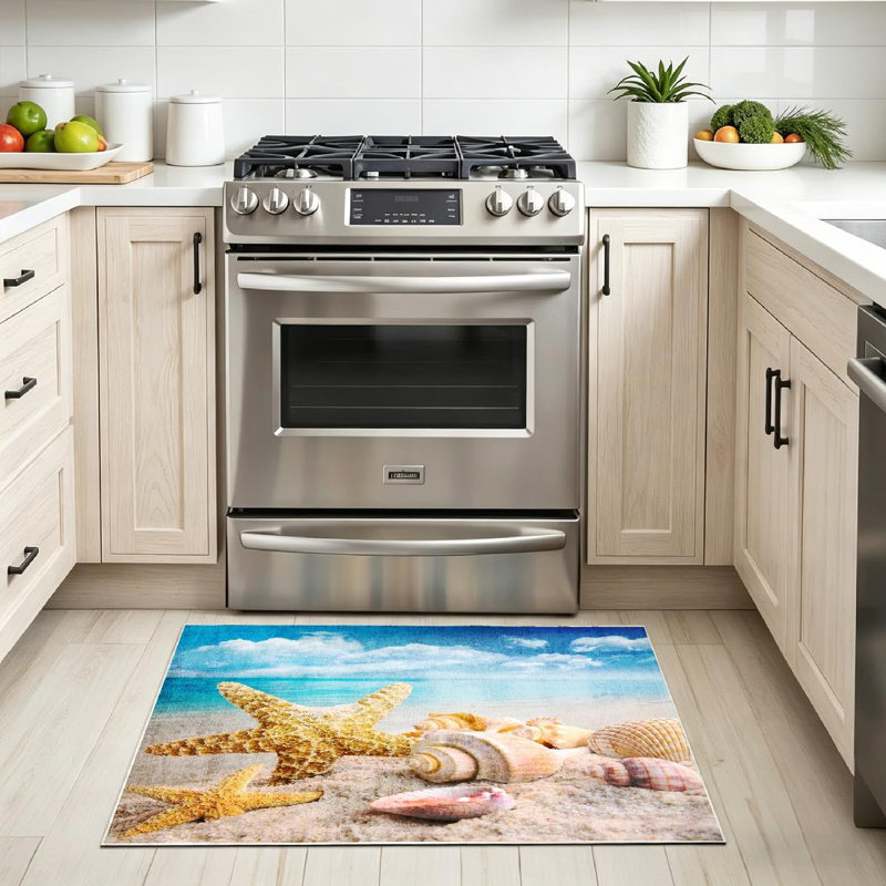 Tapis d'intérieur lavable à la machine Clear Starfish Seashells Beach Water Summer