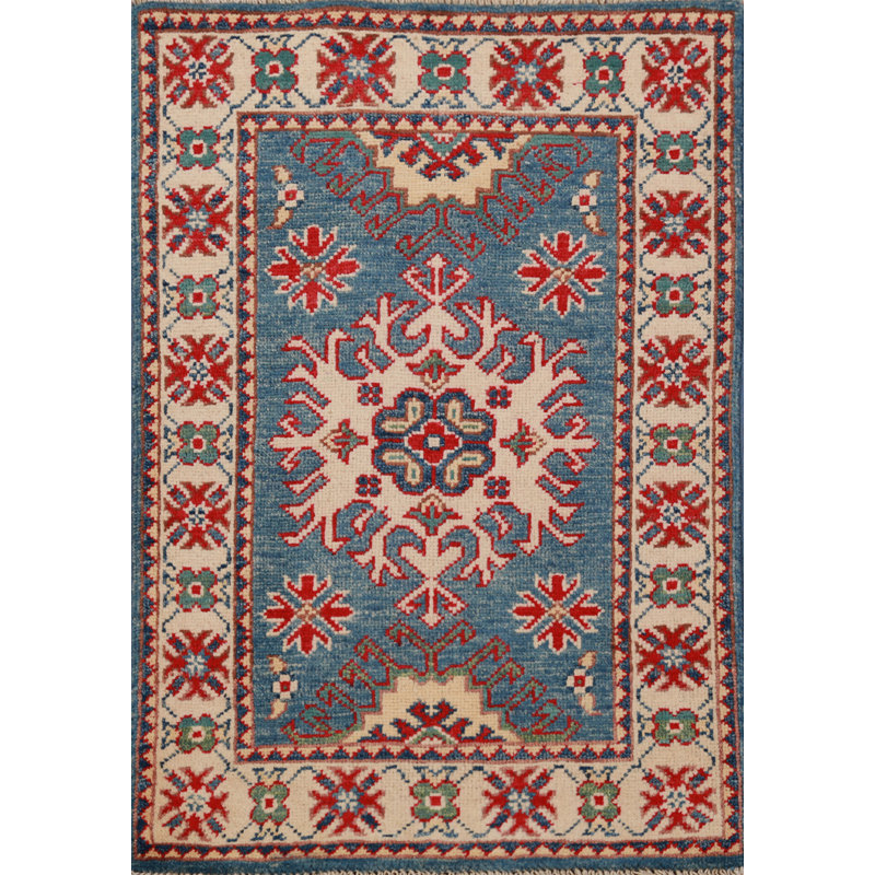 Tapis décoratif oriental fait à la main bleu Kazak 2x3