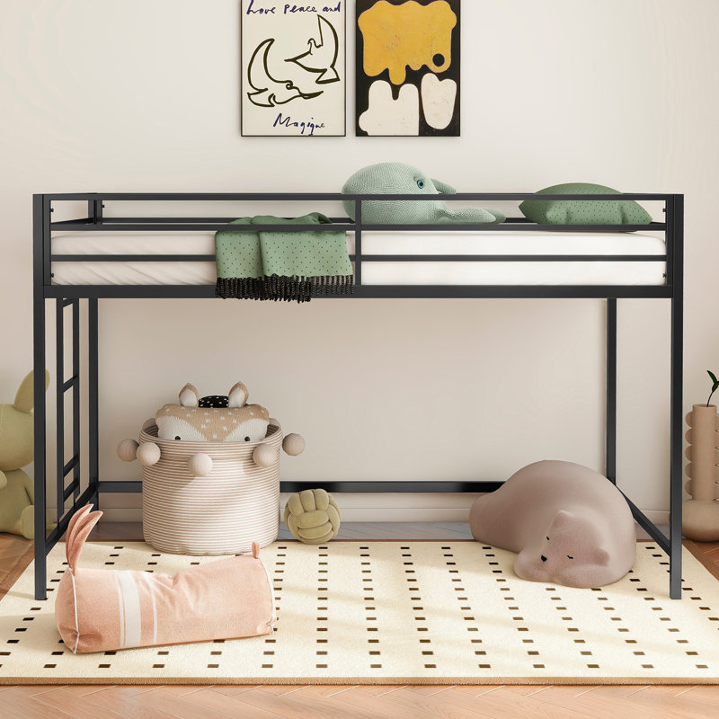 Lit mezzanine simple Adam noir robuste pour les enfants, peu encombrant, lit mezzanine avec échelle d'escalade facile et garde-corps, cadre de lit mezzanine pour la chambre à coucher