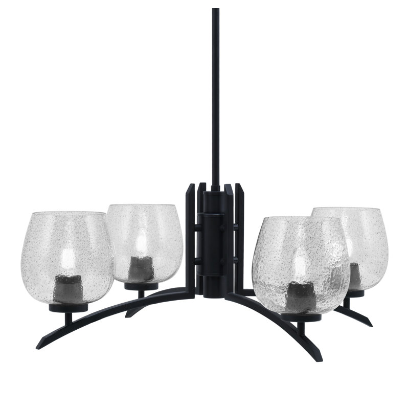 Lustre 4 lumières kurve présenté avec une finition noir mat et verre bullé de 6 po, Fumée