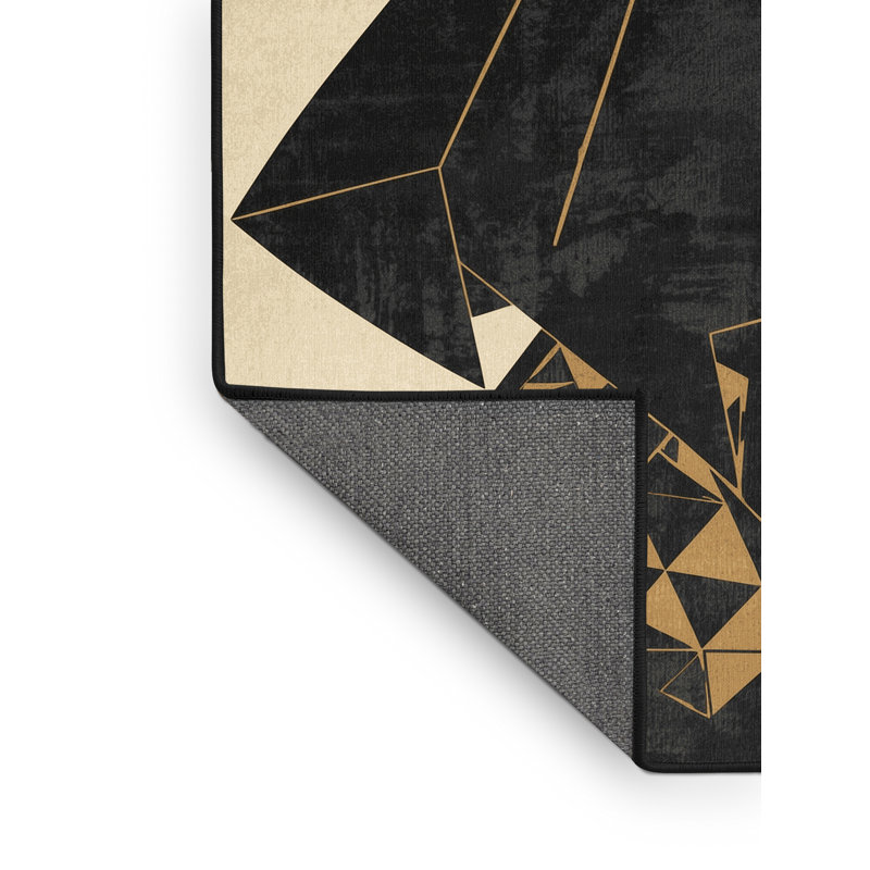 Soft Plush Duran Musketeer Retro Geometric Area Rug in Black – Black Binding, 6x9