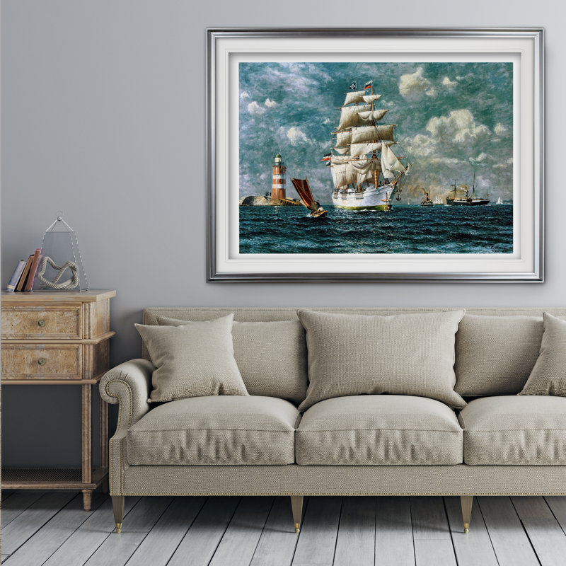 «Ships at Sea II», reproduction de dessin, Encadrement argenté, H 20 po x l 28 po x P 2,5 po