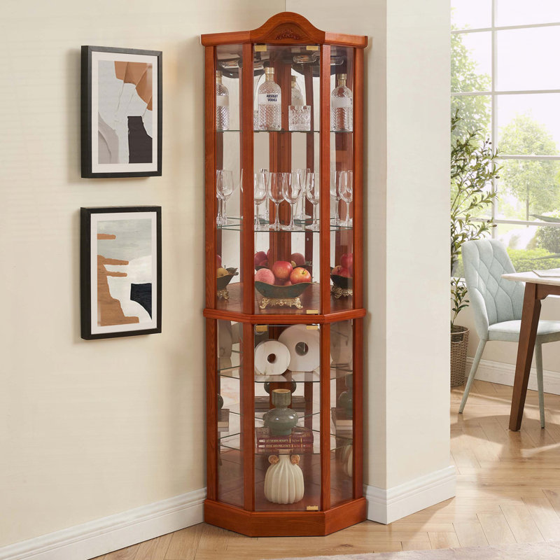 Corner Glass Cabinet with Carved Decoration and Adjustable Shelves