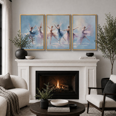 Elegant Ballet Dancers In Soft Blue Artwork, Bedroom Pictures, Framed Canvas Giclee Print 3 Pieces Wall Art