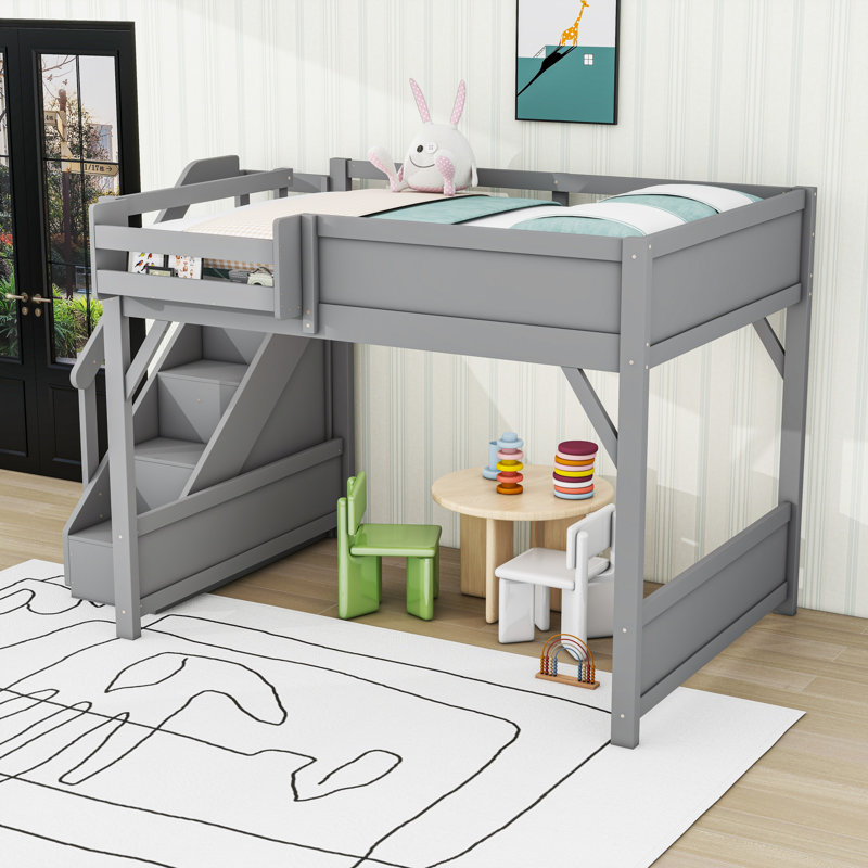 Lit mezzanine avec garde-robe intégré et tablettes de rangement, Gris, Lit double