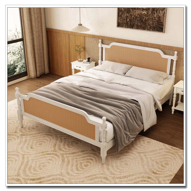Rattan King Size Bed Frame, Antique White