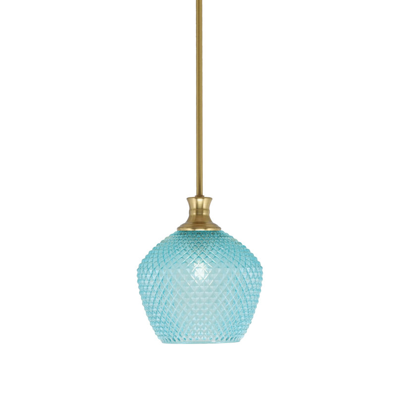 Luminaire suspendu Quapaw avec verre texturé turquoise, Laiton New Age, H 10,5 po x l 9 po x P 9 po