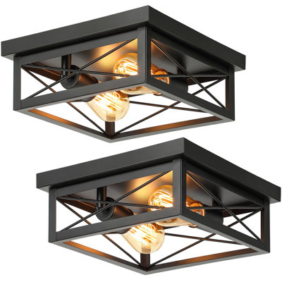 2-Light Industrial Square Flush Mount Ceiling Light, Farmhouse Ceiling Light Fixture For Kitchen, Modern Black Close To Ceiling Light, E26, 2-Pack