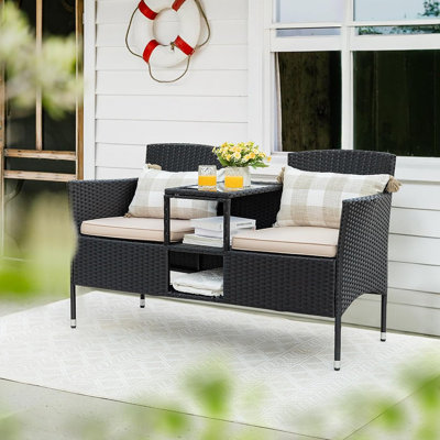 Causeuse d'extérieur en osier 2 places avec table intégrée et coussins Banc de véranda en rotin pour balcon, pelouse, cour arrière (beige)