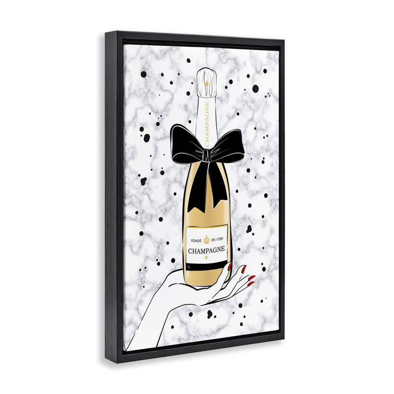 Tenant une bouteille de champagne encadrée, toile flottante par Martina Pavlova, Cadre flottant noir de jais