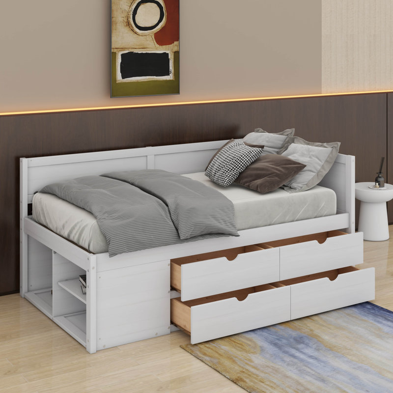 Lit de jour simple avec tiroirs et tablettes, Blanc