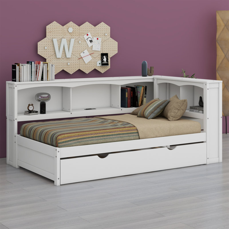 Lit de jour avec lit gigogne, armoires de rangement et ports USB, Blanc