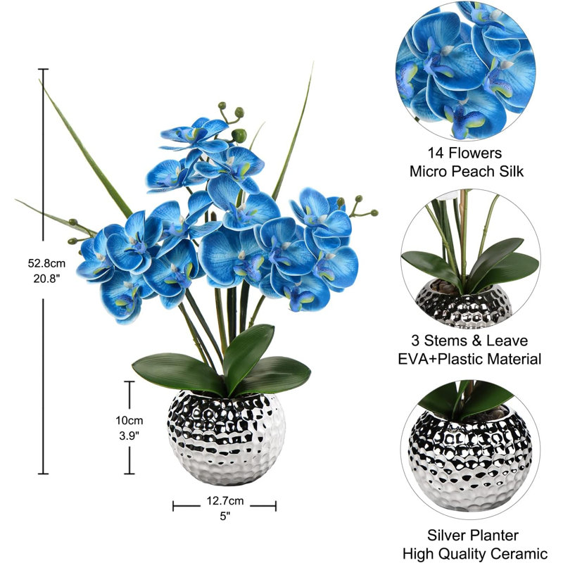 Orchidée artificielle bleue 20 po avec vase argenté 20 po
