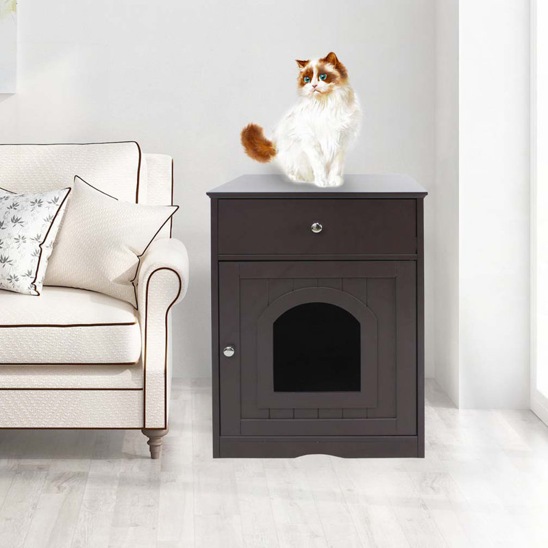 Enceinte en bois pour litière pour chat avec tiroir, table d'appoint, cage intérieure pour animal, table de chevet pour chat (brun)