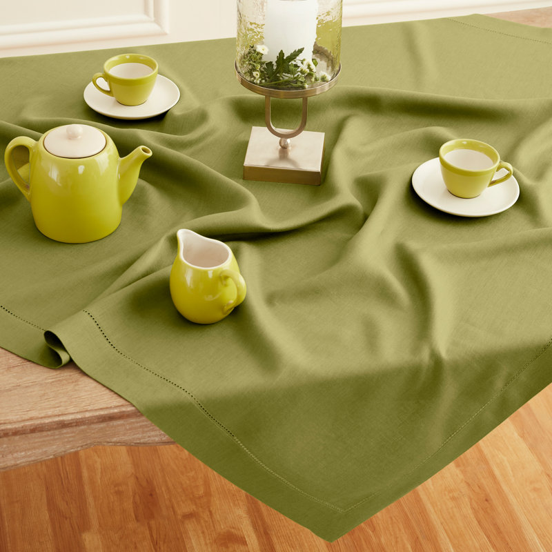 100% Pure Linen Hemstitch Table Cloth - Classic Hemstitch, Avocado, 144" x 60"