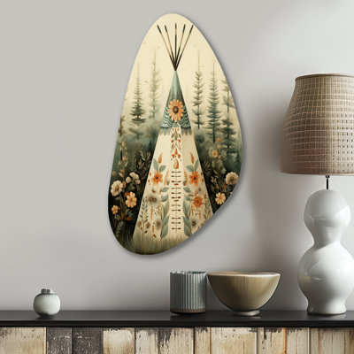 Beige Native Tipi Serenity In Nature - Art amérindien en forme d'automne, art mural en métal asymétrique