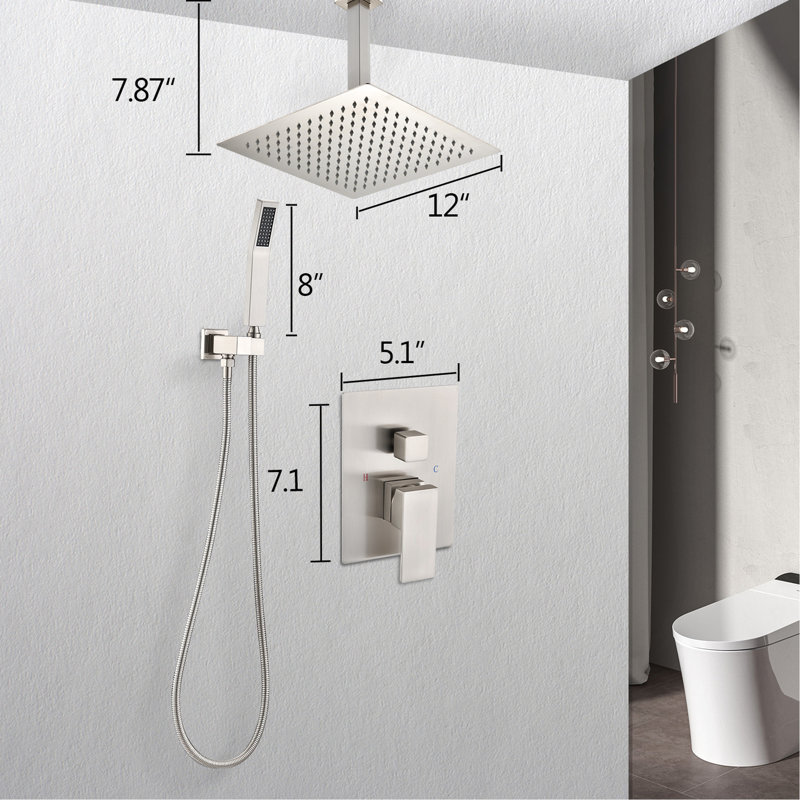 Brushed Nickel Ceiling Mounted Shower Mixture - 12" Head & Handheld Natural Rainfall Simulation Sensation Self-Cleaning Nozzle Matches All Normal Arms Conforms To American Standard Pipe With Finish