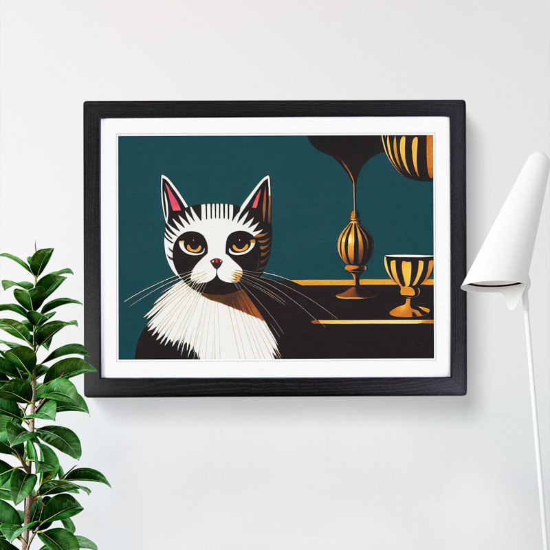 Sitting Cat Abstract - Framed Print, 34cm H x 46cm W x 2cm D, Black
