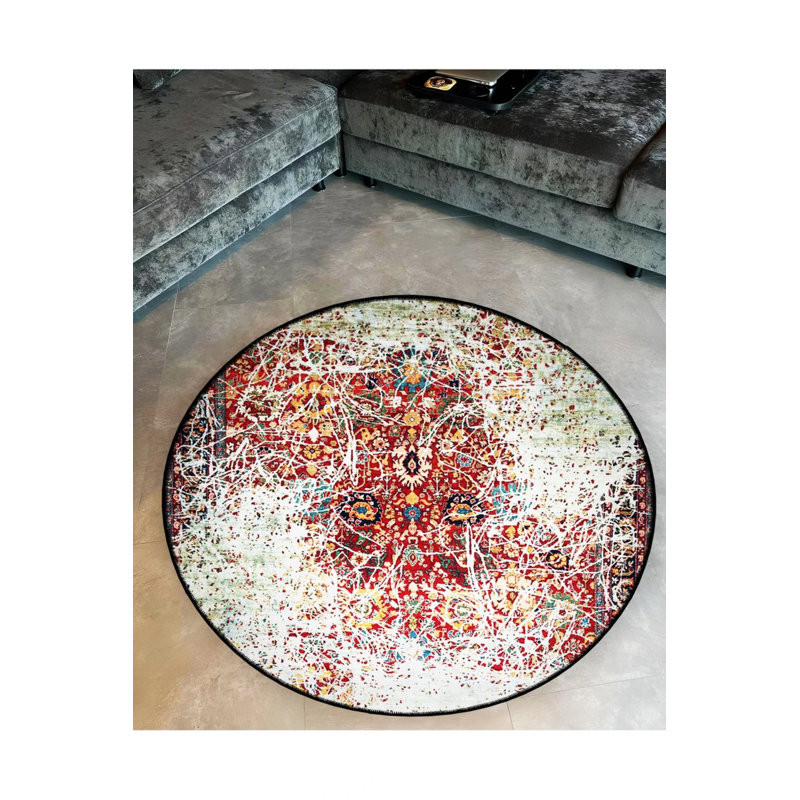 Burdy Beige Theme Traditional Motif Patterned Round Woven Base Vintage Decorative Carpet, Round 4'