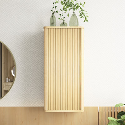 Natural Oak Striped Bathroom Floating Side Cabinet, Wall-Mounted Storage Cabinet For Small Spaces, Pre-Assembled