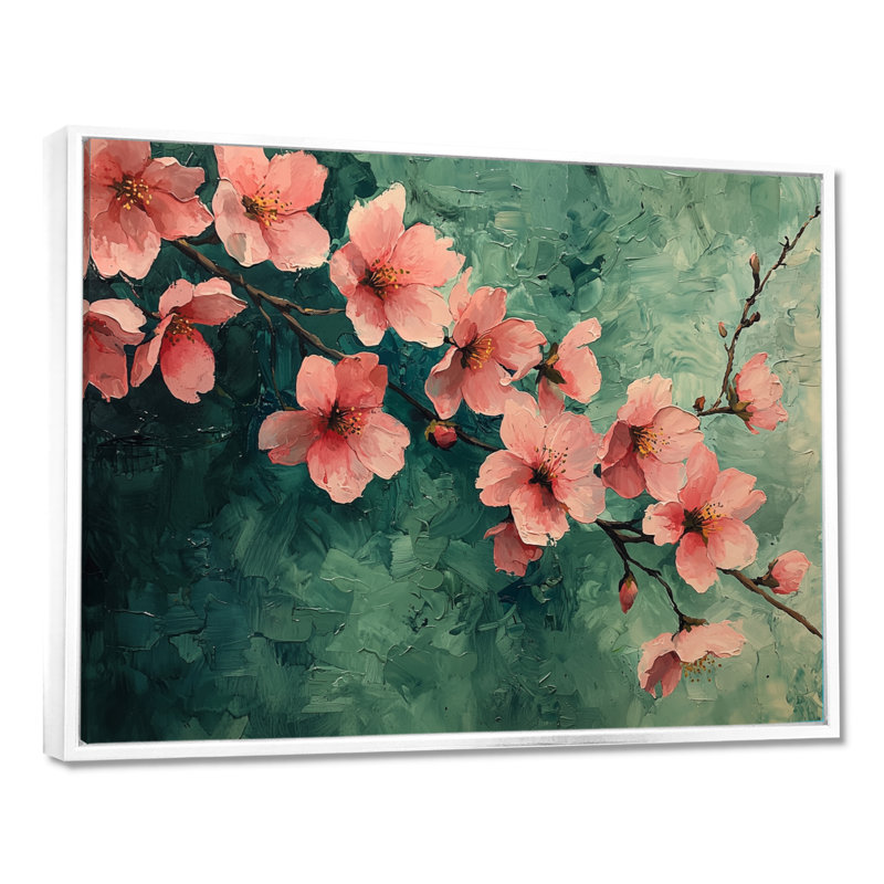 Fleurs de cerisier au réalisme vert printanier - art mural sur toile Cherry Blossom, H 34 po x l 44 po, Cadre flottant, Blanc
