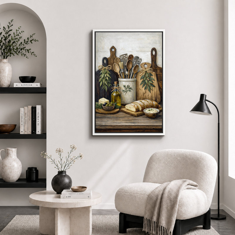 Ustensiles et ustensiles de cuisine rustique, images de cuisine, impression sur toile encadrée, H 24 po x l 16 po x P 1,5 po