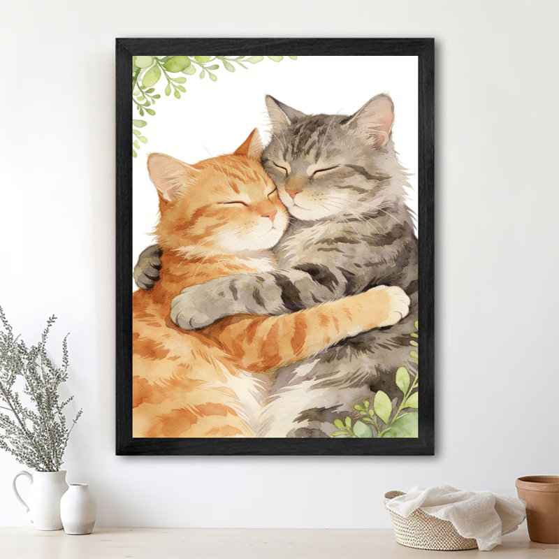 Reproduction d'art encadrée noire de chats rétro se blottissant ensemble, H 17 po x l 13 po