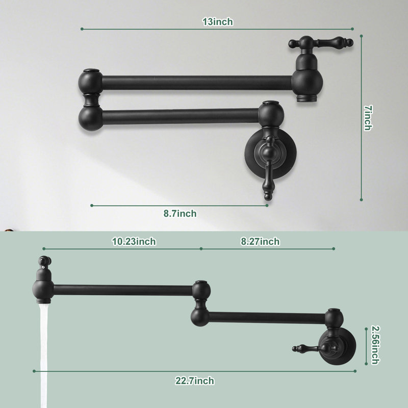 Single Hole Wall Mounted Swing Arm Folding Pot Filler Kitchen Faucet With Double Handles, Matte Black