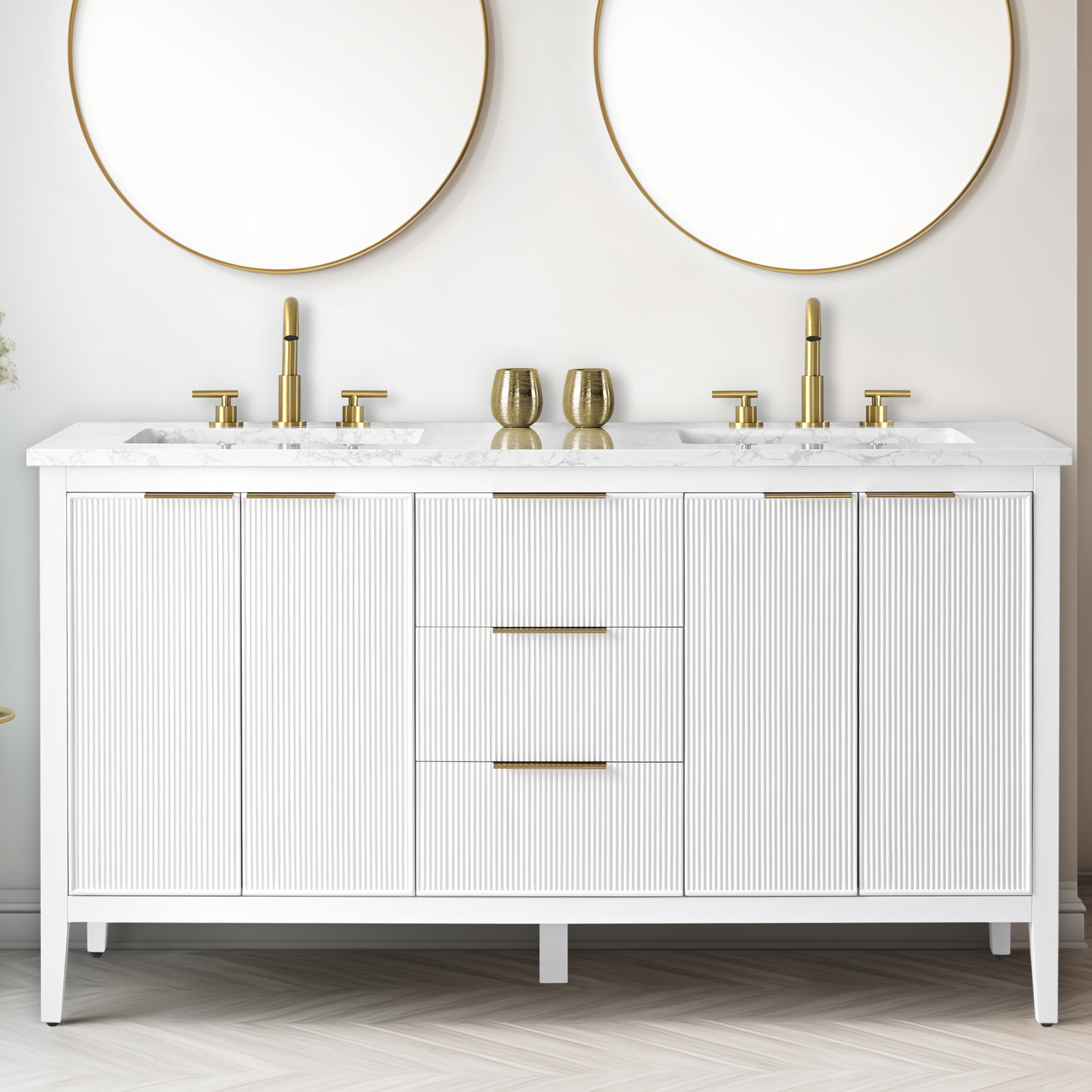 Bilroy 60" Pine Double Bathroom Vanity, White/Brushed Bronze